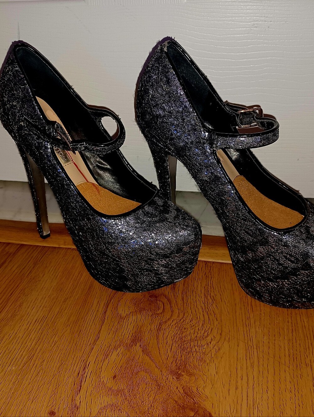 H by Halston Black Lace Overlay Platform Mary Jane Heels